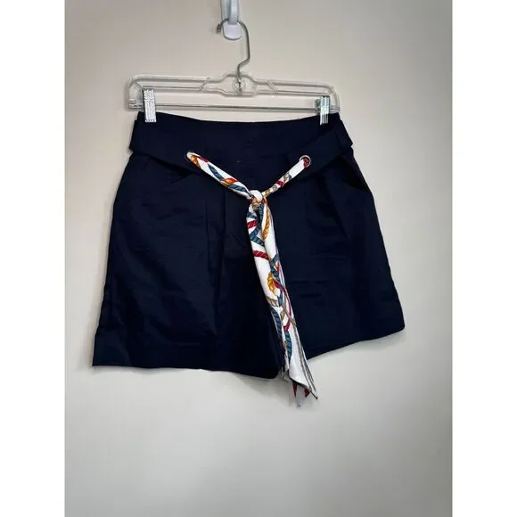 MANGO - High Waisted Navy Blue Women's Shorts with Scarf Belt Size 4 - Picture 1 of 8